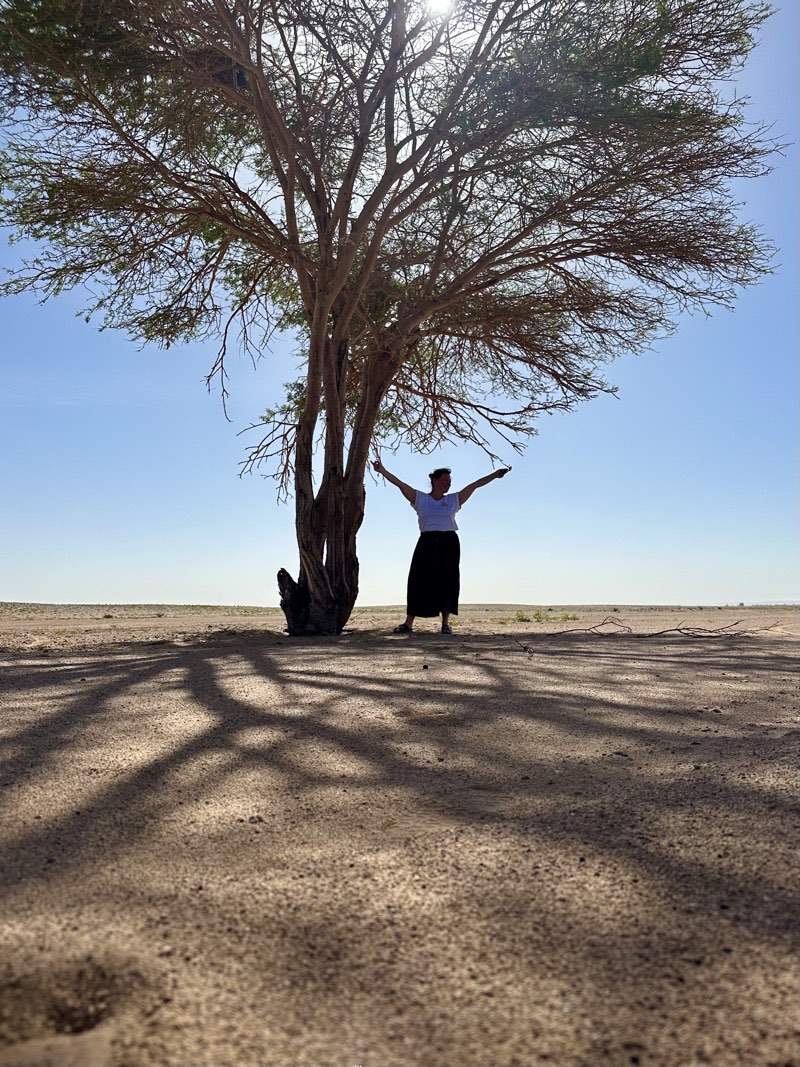Vanessa Slupianek, fondatrice de Trek Solidaire, sous un arbre dans le désert marocain